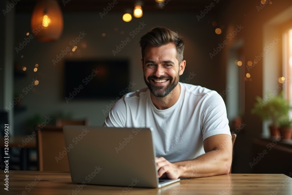 Man is smiling while using his laptop at table Man is smiling while using his laptop at table