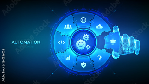 Automation Software. IOT and Automation concept as an innovation, improving productivity in technology. Wireframe hand places an element into a composition visualizing Automation processes. Vector.