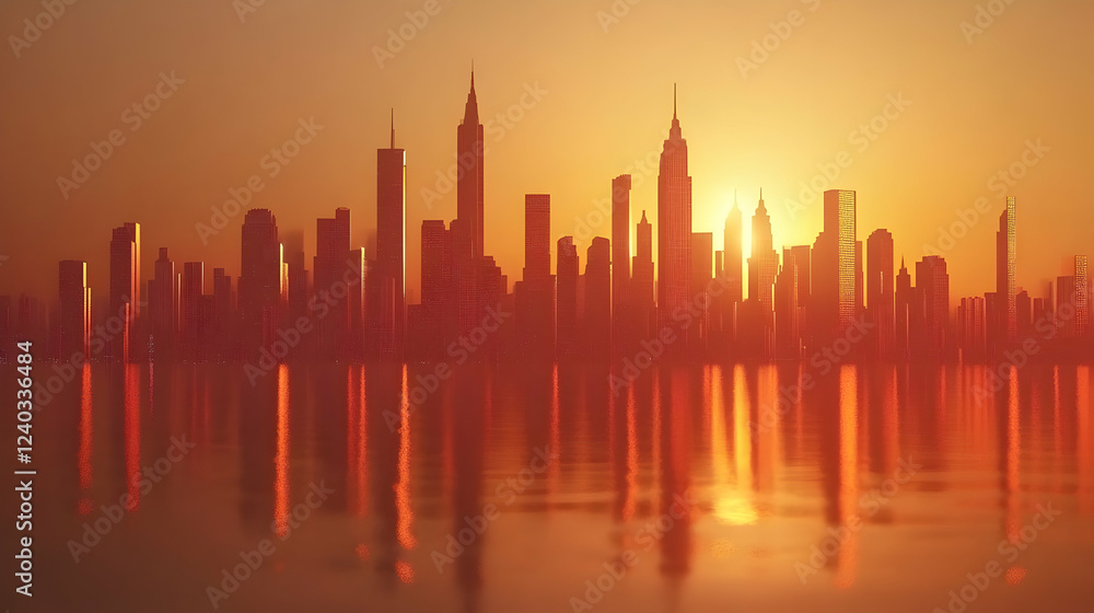 Cityscape sunset reflection, harbor view Cityscape sunset reflection, harbor view