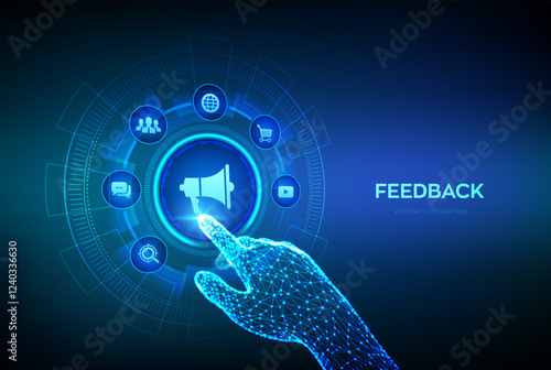 Feedback. Customer satisfaction concept on virtual screen. Quality Opinion. Rating service online. Review testimonials. Robotic hand touching digital interface. Vector illustration.