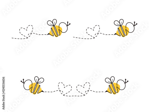 Set of bee cartoons and heart dot line icon sign isolated on white background vector.