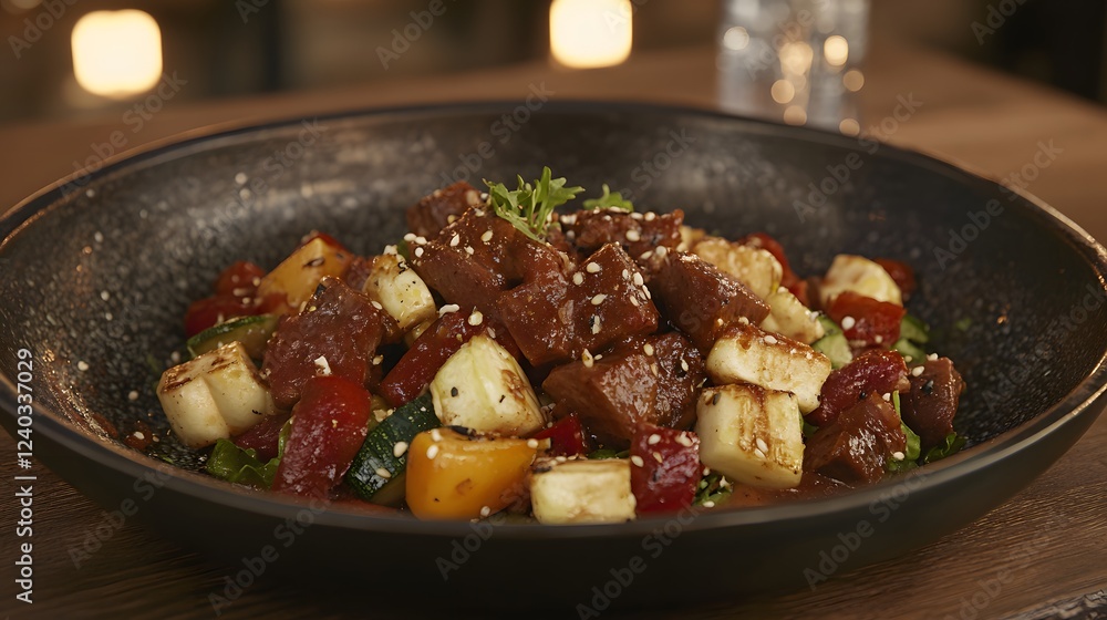Delicious Grilled Beef and Vegetable Stir-fry in Bowl