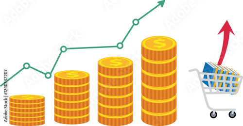 Inflation, world economics crisis, decline in currency value, US dollar inflation, rising property prices and basic necessities product, world oil prices increase, rising pile of coins and item price