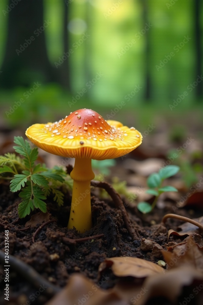 Fototapeta premium Chanterelle mushroom growing through leaf litter, forest floor, mushrooms, trees