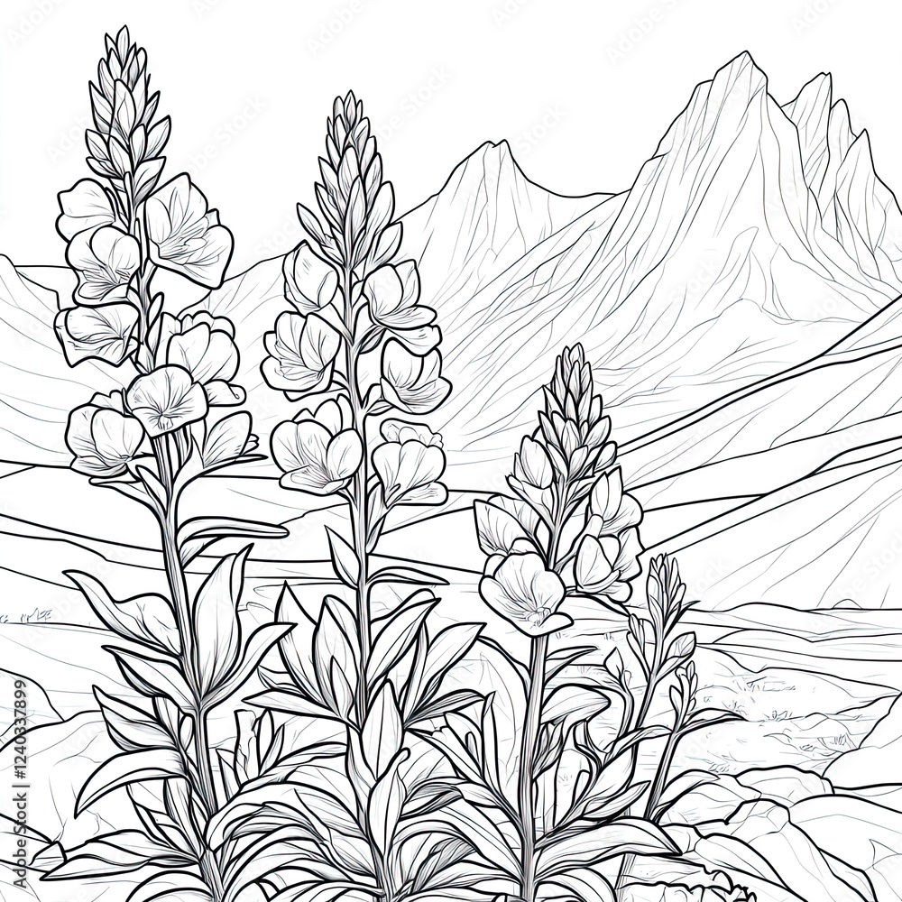 Fototapeta premium Charming Alpine Gentian Coloring Page Simple Mountain Floral Illustration