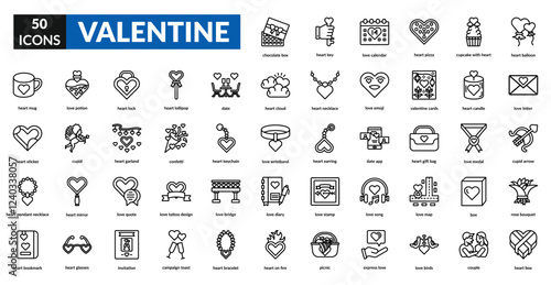 Valentine line icon set collection. Love letter, couple, cupid, love, heart, romance, gift, date, flower, chocolate, hug, wedding, ring, arrow, red, passion, celebration, card