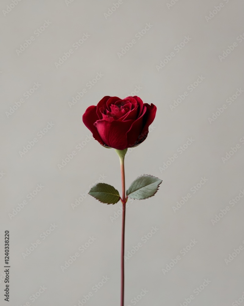 Fototapeta premium Contemporary Valentines Day Minimalism Single Red Rose with Heart-Shaped Leaves - Romantic Decor and Mothers Day Styling for Modern Love Celebrations