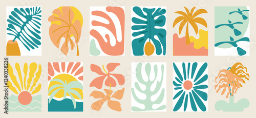 Summer botanical doodle background art vector set. Hibiscus flower, coconut tree, monstera leaf, sea. Abstract shape doodle art design for print, wallpaper, clipart, wall art for home decoration.