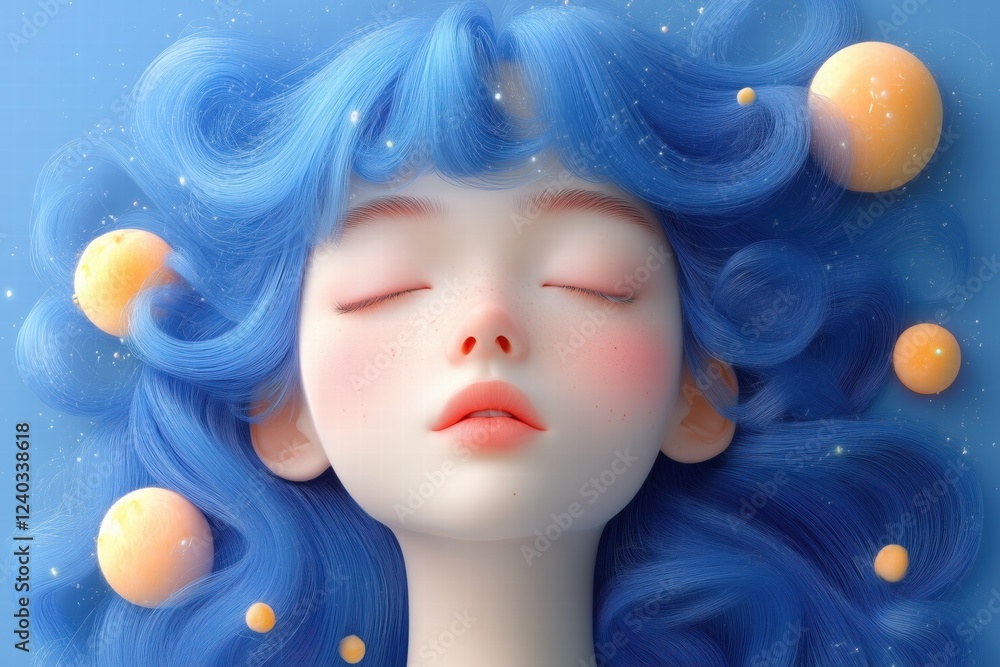 A serene digital illustration of a girl with blue wavy hair, eyes closed, surrounded by floating orange spheres against a soft blue background. The image conveys a dreamy and peaceful atmosphere. A serene digital illustration of a girl with blue wavy hair, eyes closed, surrounded by floating orange spheres against a soft blue background. The image conveys a dreamy and peaceful atmosphere.