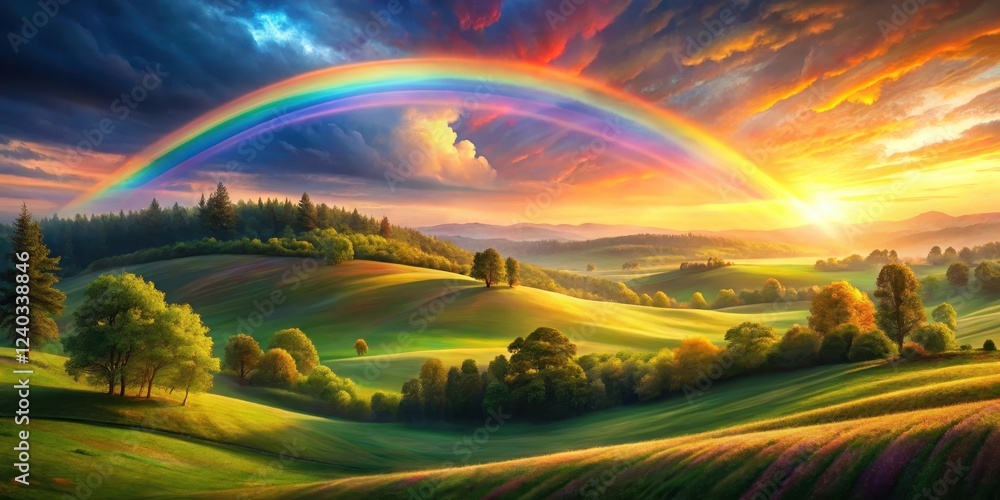 Obraz premium Serene Sunset Landscape with Vibrant Rainbow Arcing Over Rolling Green Hills and Lush Foliage