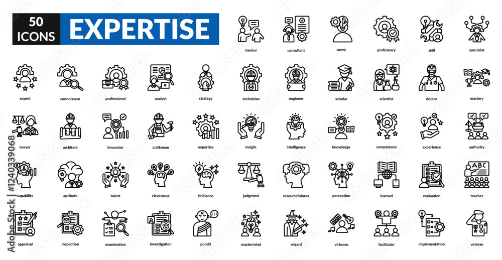 Expertise line icon set collection. Analyst, knowledge, veteran, mastery, professional, skill, experience, proficiency, talent, ability, competence, specialist, expert Expertise line icon set collection. Analyst, knowledge, veteran, mastery, professional, skill, experience, proficiency, talent, ability, competence, specialist, expert