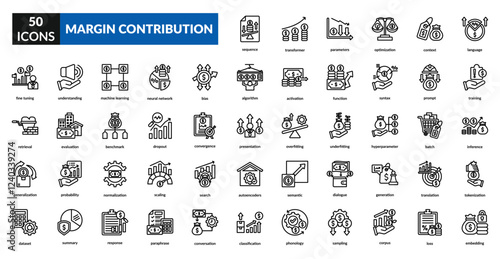 Margin contribution line icon set collection. budgeting, price, financial planning, cost, analysis, report, growth, investment, money, expenses, pricing, value