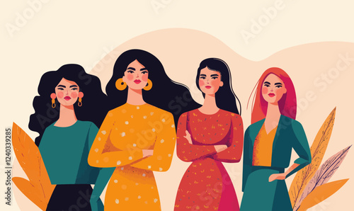Empowered Women of Diverse Cultures United for Gender Equality in Flat Vector Art