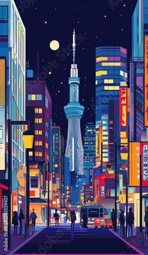 Tokyo Nightscape Minimalist Poster: Vibrant Urban Skyline Travel Art
