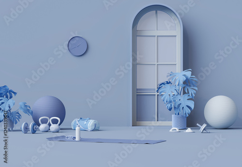 Sport fitness equipment, yoga mat, Kettlebell, dumbbells,plant pot, laptop,window, door on pastel blue background. Trendy 3d render for fitness, lifting in the gym, gym at home