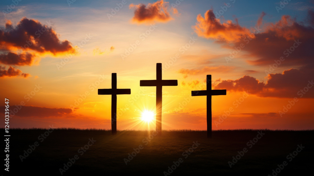 Three wooden crosses silhouetted against vibrant sunset sky, symbolizing faith and hope. scene evokes sense of peace and reflection in nature beauty