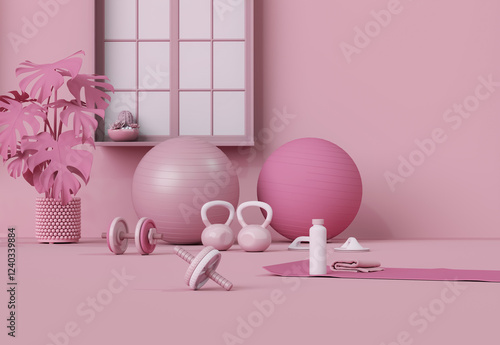 Sport fitness equipment, yoga mat, Kettlebell, dumbbells,plant pot, laptop,window, door on pastel pink background. Trendy 3d render for fitness, lifting in the gym, gym at home