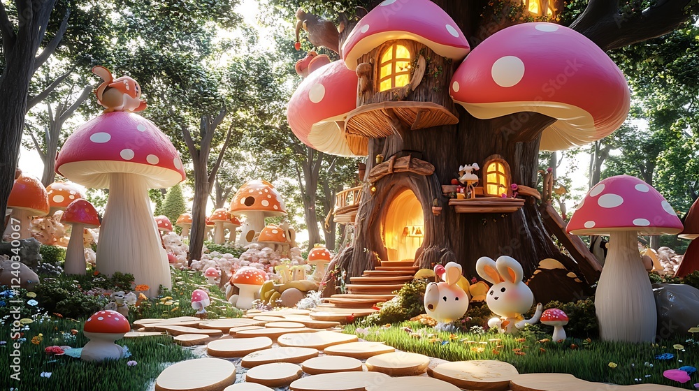 Naklejka premium A whimsical mushroom house in a magical forest with bunnies.
