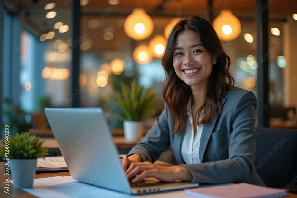 Woman is smiling while working on her laptop at table Woman is smiling while working on her laptop at table