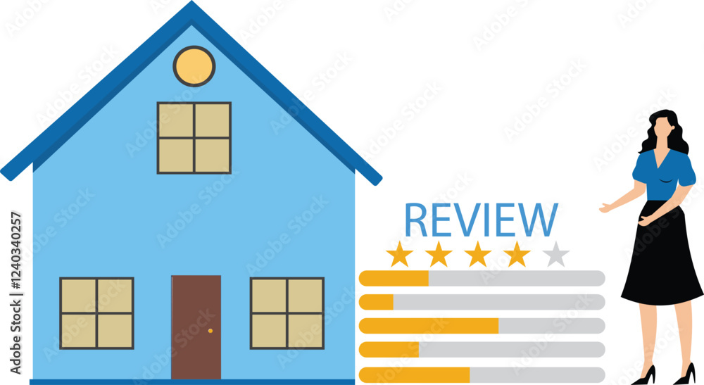 Business energy efficiency, energy savings at home or business industry, saving rate for reduce carbon footprint, woman presents house with energy efficient rating class to save cost green energy