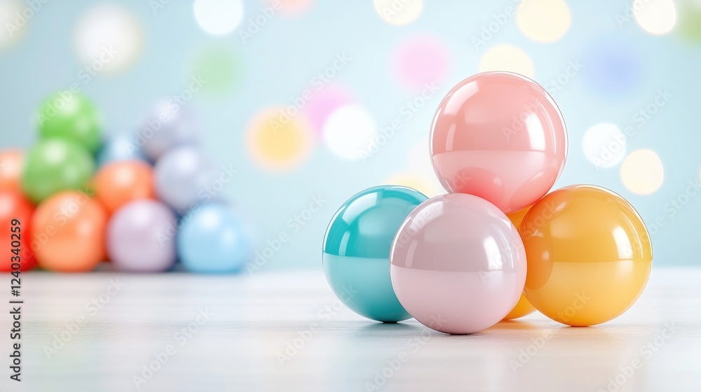 Naklejka premium Colorful balls stacked on table, bokeh background, playful design