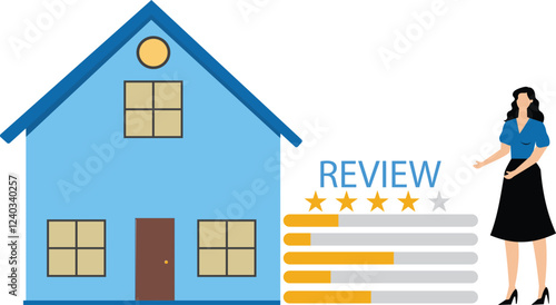 Business energy efficiency, energy savings at home or business industry, saving rate for reduce carbon footprint, woman presents house with energy efficient rating class to save cost green energy
