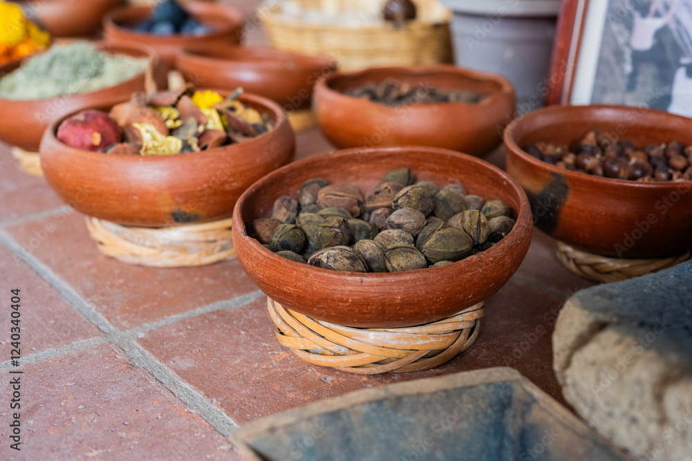 Fototapeta premium Diferentes insumos para teñir lana de forma artesanal en Teotitlan Oaxaca, méxico