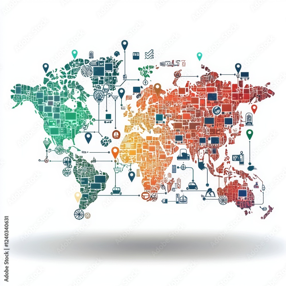 Obraz premium Colorful Geometric World Map with Icons Representing Technology, Culture, and Infrastructure in a Modern Design