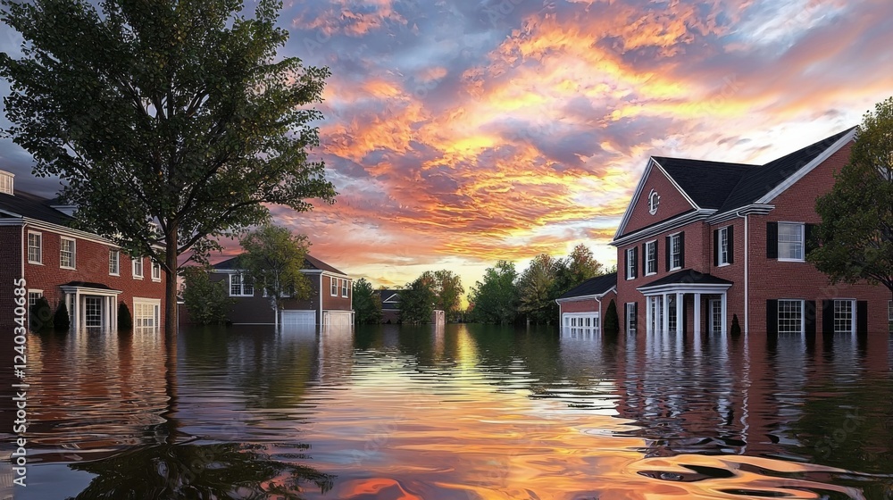 Obraz premium Serene yet Devastating View of a Residential Area Submerged in Floodwaters Under a Vibrant Sunset Sky