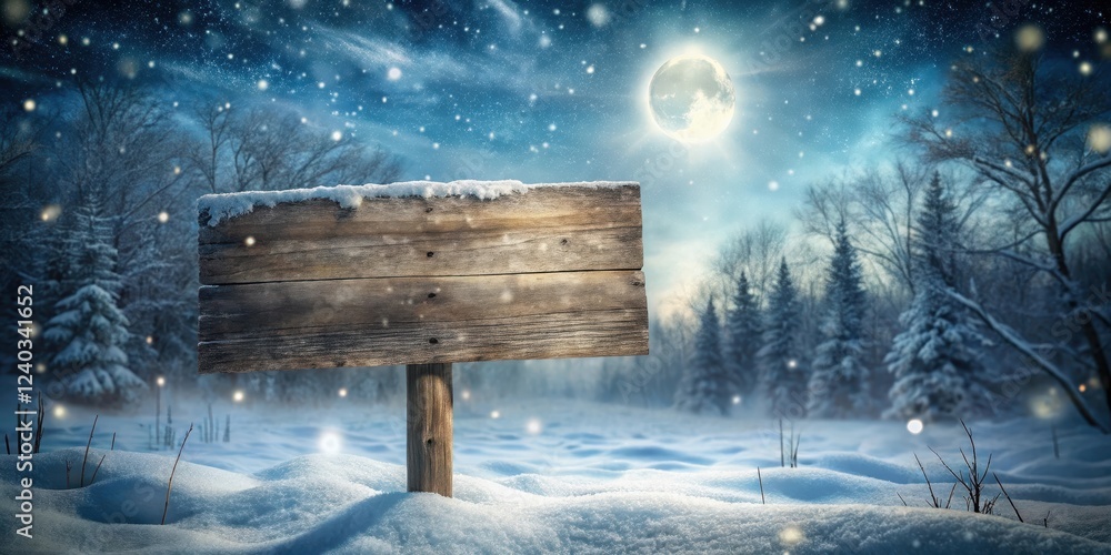 Fototapeta premium Blank Wooden Signpost in a Snowy Winter Wonderland Under a Bright Moon