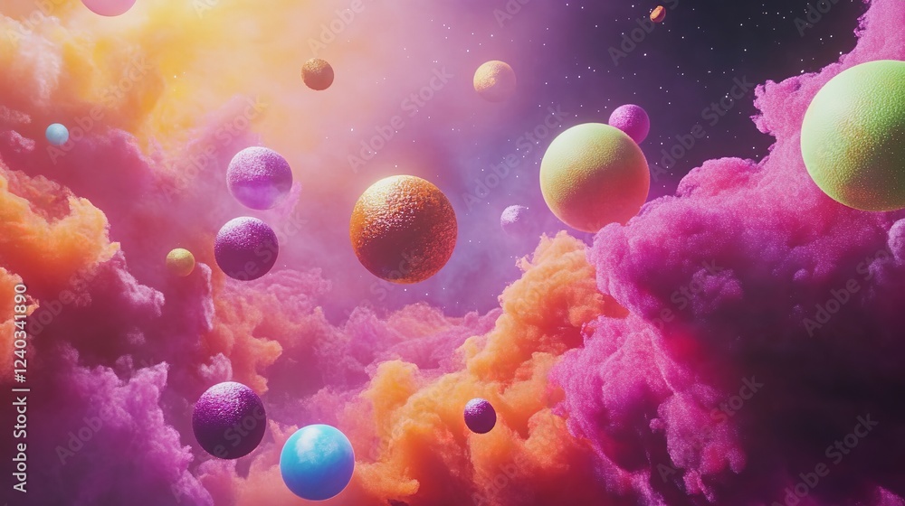 Colorful Cosmic Spheres Floating in a Vibrant Nebula Universe. Ethereal and Dynamic Celestial Scene with Rich Colors and Enchanting Atmosphere. Colorful Cosmic Spheres Floating in a Vibrant Nebula Universe. Ethereal and Dynamic Celestial Scene with Rich Colors and Enchanting Atmosphere.