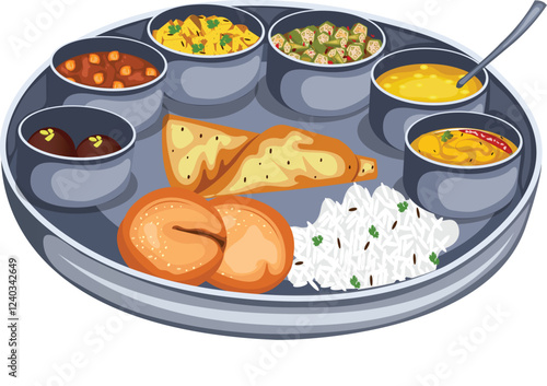 Indian Rajasthani Food Thali Vector Illustration