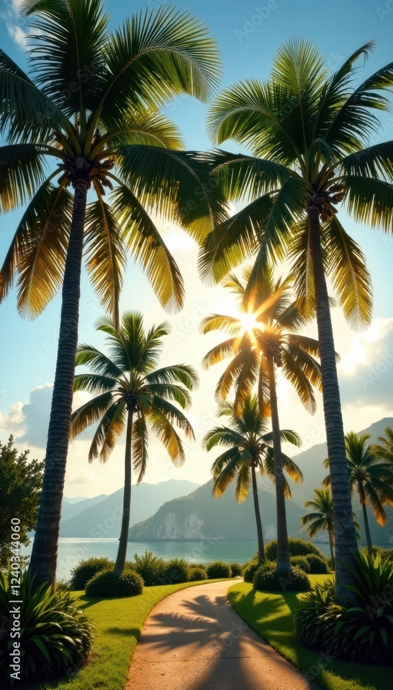 Obraz premium Sunlight filtering through palm tree canopies, palm trees, sunlight, landscape