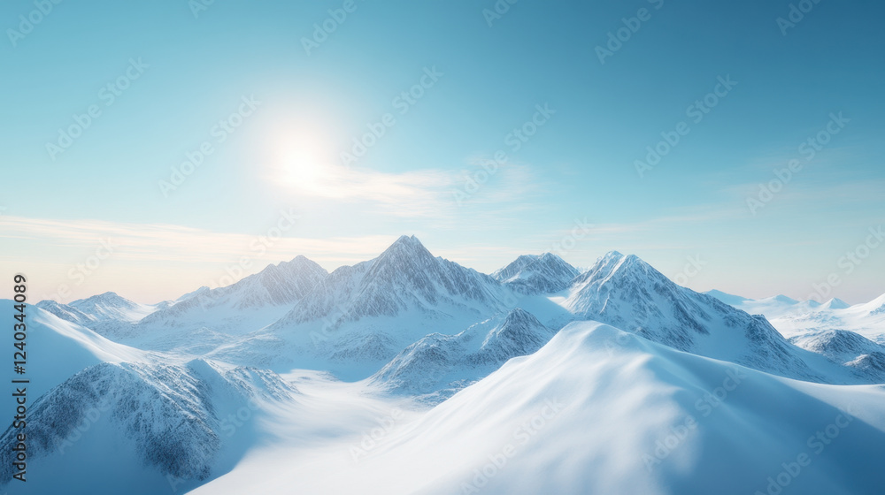 Majestic northern mountains covered in snow under clear blue sky, radiating tranquility and beauty. sun shines brightly, enhancing serene winter landscape Majestic northern mountains covered in snow under clear blue sky, radiating tranquility and beauty. sun shines brightly, enhancing serene winter landscape