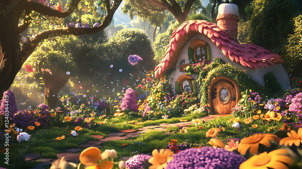 Obraz premium A Whimsical Cottage Nestled in a Vibrant Floral Garden