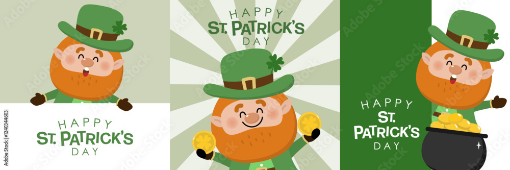 Naklejka premium Happy St Patrick's day with cute Leprechaun in green costume with clover leaves for good luck and gold coin in the pot. -vector