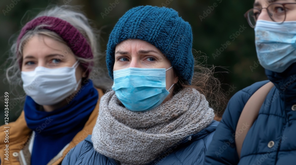 Obraz premium Group of People Wearing Face Masks During Health Crisis in Outdoor Setting with Greenery Background