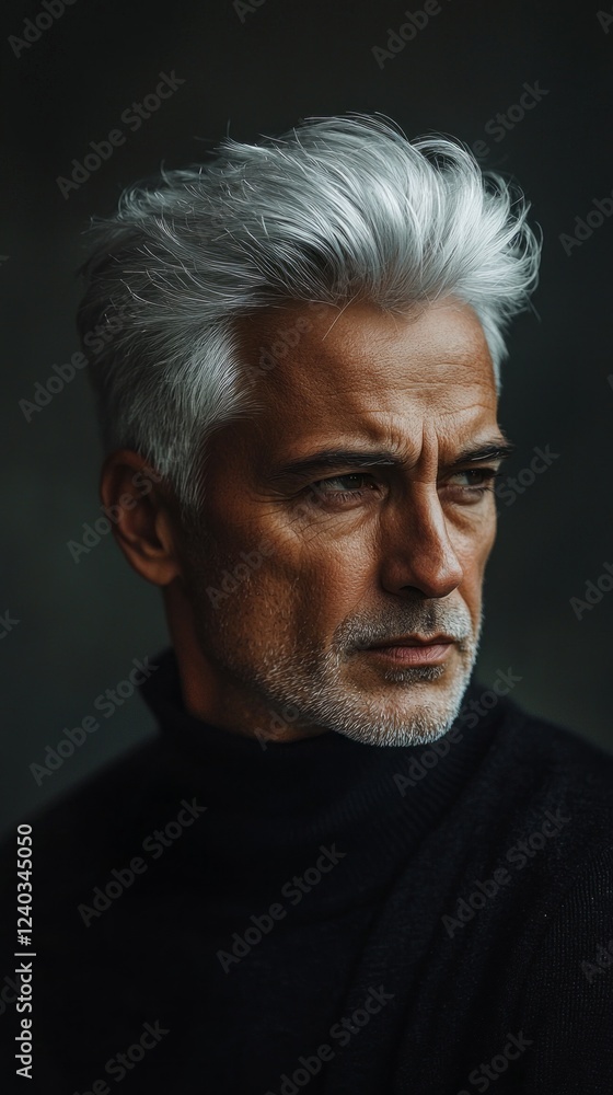 Fototapeta premium A captivating close-up of an older man with striking silver hair and a contemplative expression. The portrait highlights his strong features and elegant style, evoking a sense of experience and depth