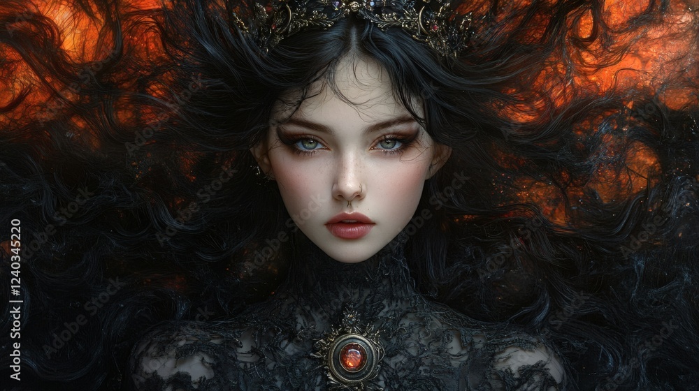 Hyperrealistic masterpiece of a gothic woman with a steampunk medallion and gemstone crown her hair flying wildly black background with twotone lighting and a vibrant explosion surrounding her Hyperrealistic masterpiece of a gothic woman with a steampunk medallion and gemstone crown her hair flying wildly black background with twotone lighting and a vibrant explosion surrounding her