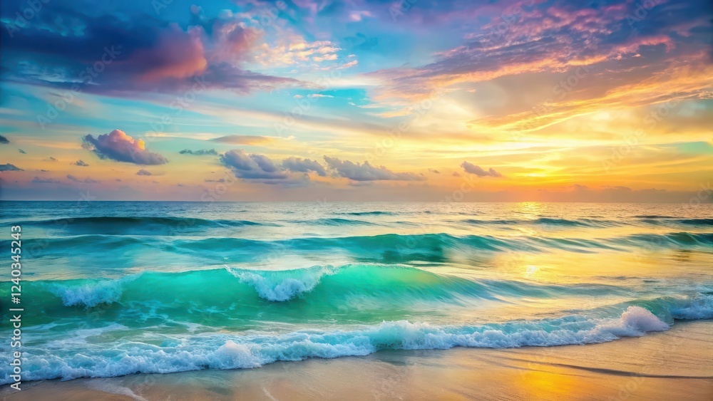 Obraz premium Serene ocean waves rolling onto a sandy shore at sunset, a breathtaking display of vibrant colors in the sky and water