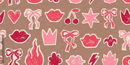 Heart, bow and kiss lips pattern. Cutout paper seamless background for Valentine day. Cute crayon vector print. Cherry heart bow kiss flower in pink, red and mocha mousse color pattern. Love shapes bg