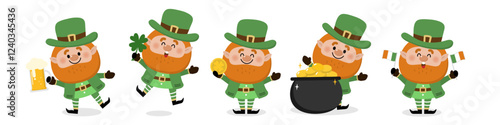 Happy St Patrick's day with cute Leprechaun in green costume with clover leaves for good luck and gold coin in the pot. -vector