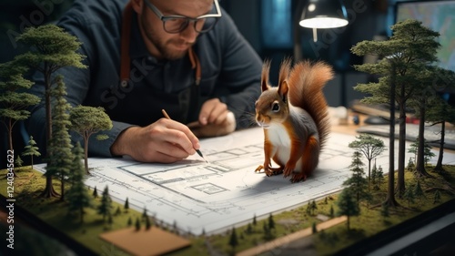 Architect designing a squirrel-friendly house with miniature forest