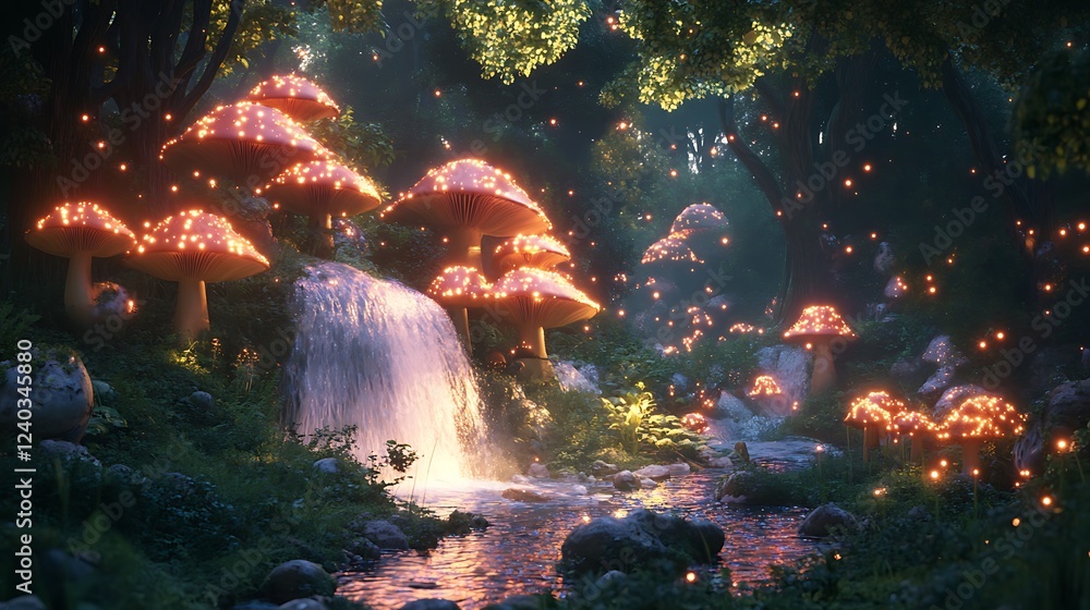 Enchanting Forest Scene with Glowing Mushrooms and a Waterfall