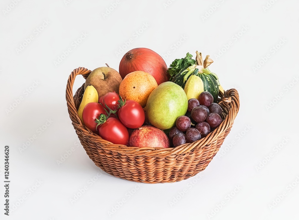 Autumn fruit & vegetable basket, studio shot, white background, healthy food Autumn fruit & vegetable basket, studio shot, white background, healthy food