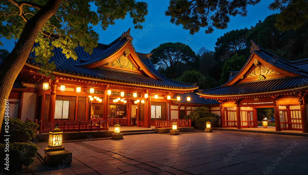 Fototapeta premium Buddhist temple at night during Obon festival with lanterns and traditional architecture.
