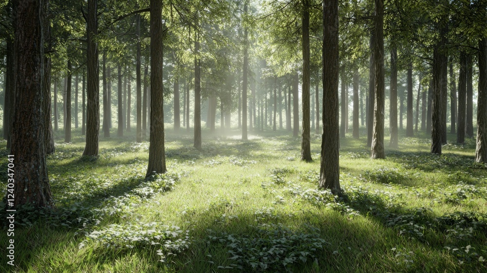 Obraz premium Lush Green Forest with Sunlight Filtering Through Trees Creating a Peaceful Natural Atmosphere