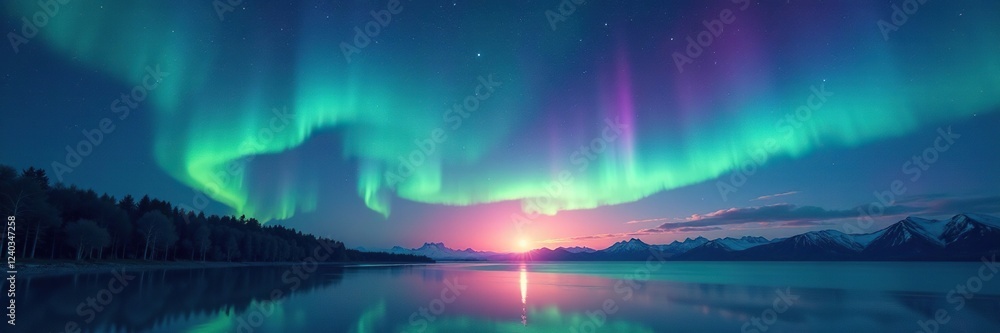 Naklejka premium Aurora borealis shines brightly in the sky above, serene landscape, glowing sky, natural light