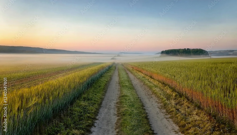 A serene landscape featuring a dirt path flanked by vibrant fields at dawn, enveloped in mist, highlighting nature's beauty and tranquility. A serene landscape featuring a dirt path flanked by vibrant fields at dawn, enveloped in mist, highlighting nature's beauty and tranquility.