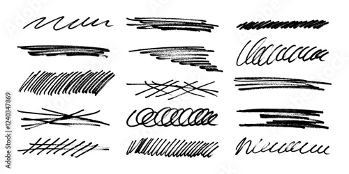 Underline stroke marker felt pen scribbles doodle line collection. Hand drawn outline sketch wave brush mark elements crosshatch rough dividers set for text highlight underline emphasis.